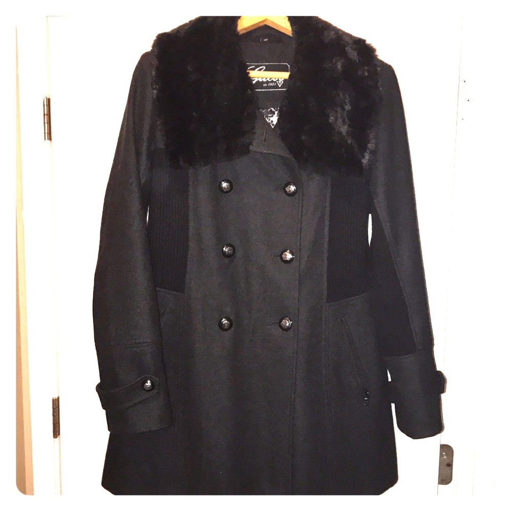 Guess Black Fur Pea Coat
